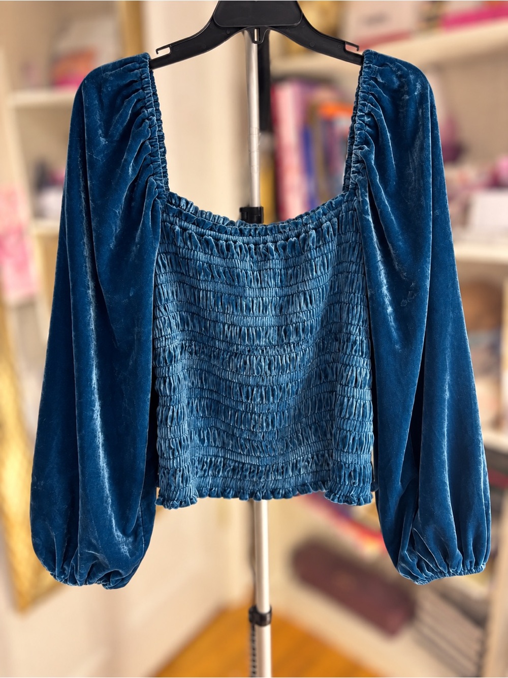 Anthropologie Gold Puff-Sleeved Velvet Blouse Turquoise - Picture 2 of 5